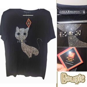 Cat Lovers Bedazzled T Shirt With Cute Bow Accent Medium